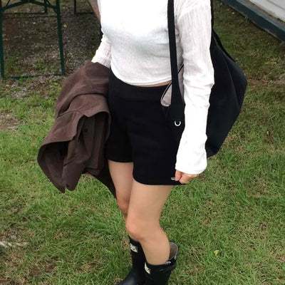 Wrinkle Half-Off Crop Long Sleeve T-shirt