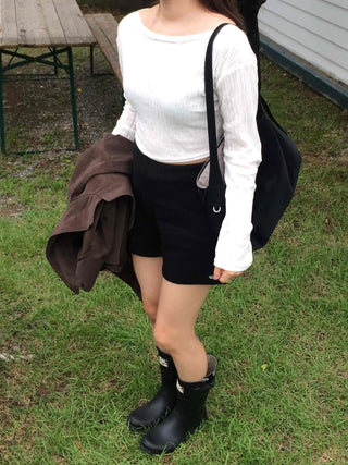 Wrinkle Half-Off Crop Long Sleeve T-shirt