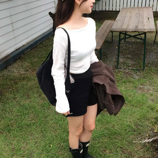 Wrinkle Half-Off Crop Long Sleeve T-shirt