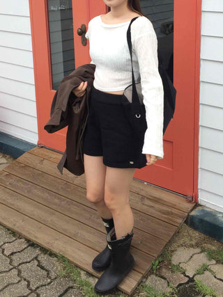 Wrinkle Half-Off Crop Long Sleeve T-shirt