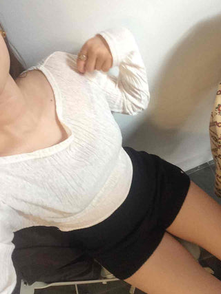 Wrinkle Half-Off Crop Long Sleeve T-shirt