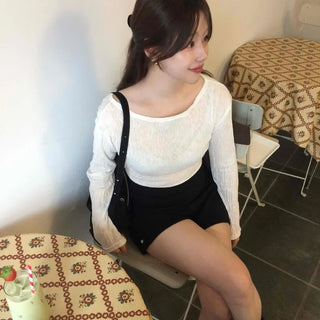 Wrinkle Half-Off Crop Long Sleeve T-shirt