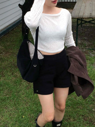 Wrinkle Half-Off Crop Long Sleeve T-shirt