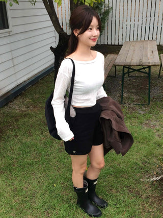 Wrinkle Half-Off Crop Long Sleeve T-shirt