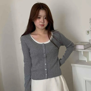 Lace Layered Ribbed Plain Knit Cardigan