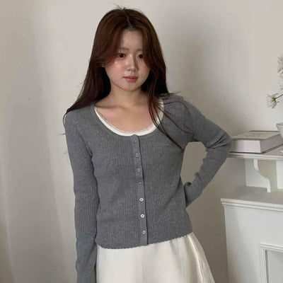 Lace Layered Ribbed Plain Knit Cardigan