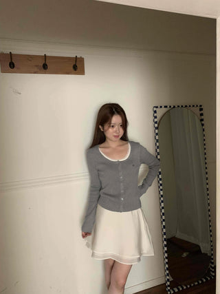 Lace Layered Ribbed Plain Knit Cardigan