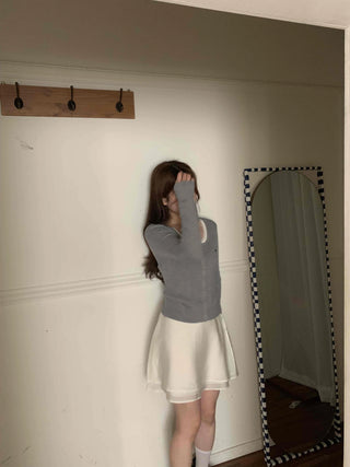 Lace Layered Ribbed Plain Knit Cardigan