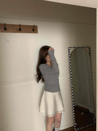 Lace Layered Ribbed Plain Knit Cardigan