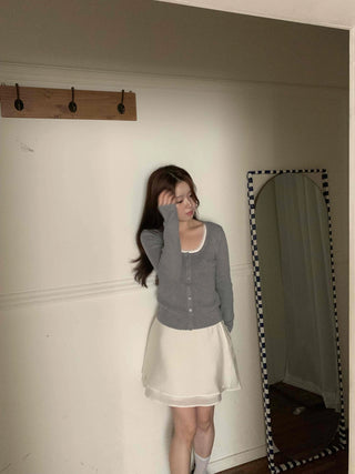 Lace Layered Ribbed Plain Knit Cardigan