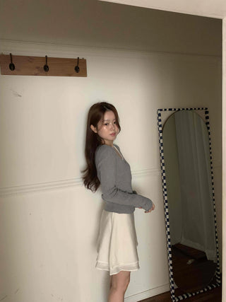 Lace Layered Ribbed Plain Knit Cardigan