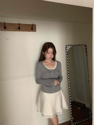 Lace Layered Ribbed Plain Knit Cardigan