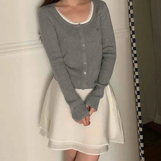 Lace Layered Ribbed Plain Knit Cardigan
