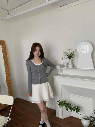 Lace Layered Ribbed Plain Knit Cardigan