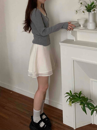 Lace Layered Ribbed Plain Knit Cardigan