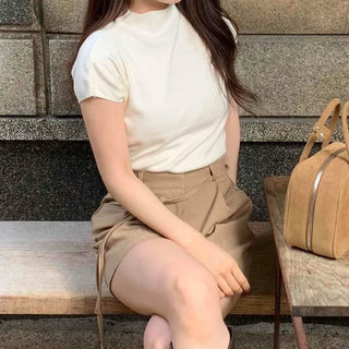 Minimal Cap Sleeve Plain Mock Neck Knit