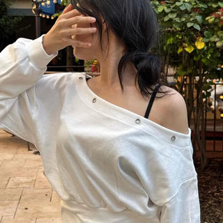 Off-shoulder Cotton Plain Eyelet Sweatshirt