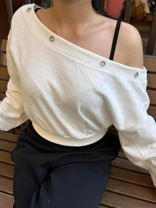 Off-shoulder Cotton Plain Eyelet Sweatshirt