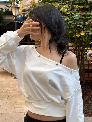 Off-shoulder Cotton Plain Eyelet Sweatshirt
