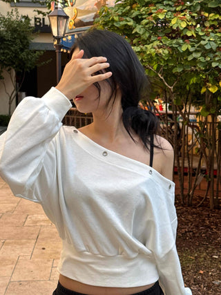 Off-shoulder Cotton Plain Eyelet Sweatshirt