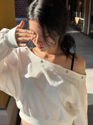 Off-shoulder Cotton Plain Eyelet Sweatshirt