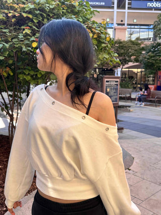 Off-shoulder Cotton Plain Eyelet Sweatshirt