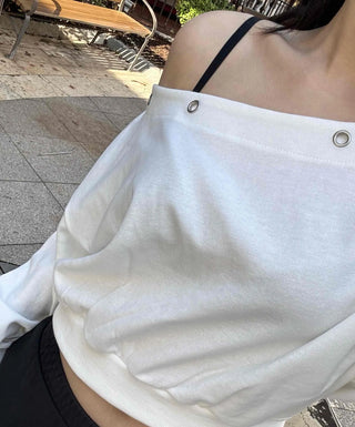 Off-shoulder Cotton Plain Eyelet Sweatshirt