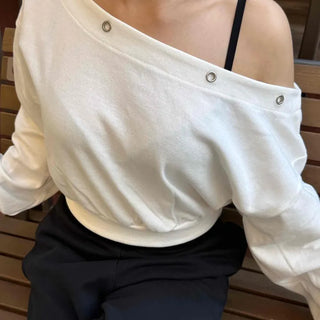 Off-shoulder Cotton Plain Eyelet Sweatshirt