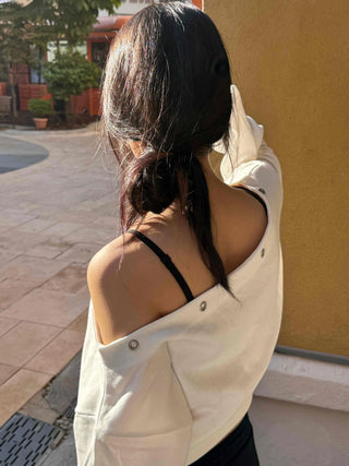 Off-shoulder Cotton Plain Eyelet Sweatshirt