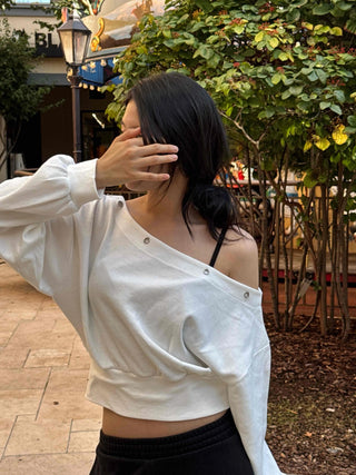 Off-shoulder Cotton Plain Eyelet Sweatshirt