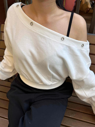 Off-shoulder Cotton Plain Eyelet Sweatshirt