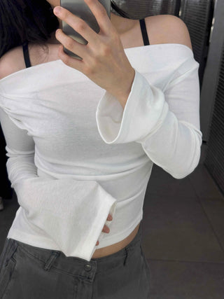 Street Pleated Off-Shoulder Long-Sleeve T-Shirt
