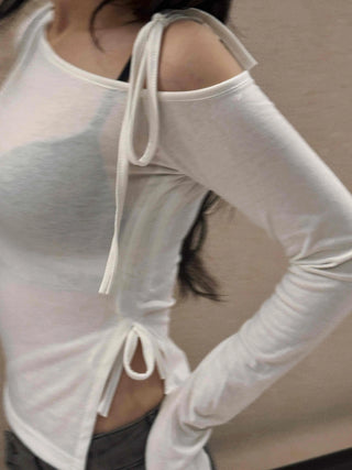 Subtle See-through Off-Shoulder Long-Sleeve T-Shirt