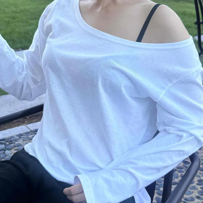 Natural Cotton Plain Off-Sleeve Long Sleeve T-Shirt