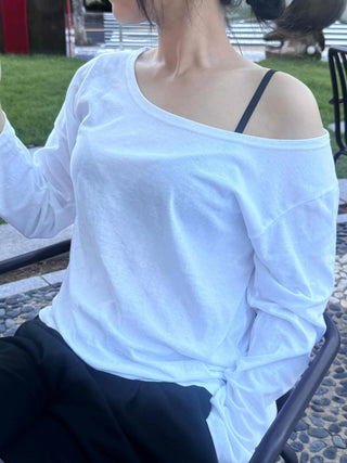 Natural Cotton Plain Off-Sleeve Long Sleeve T-Shirt