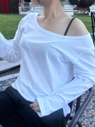 Natural Cotton Plain Off-Sleeve Long Sleeve T-Shirt