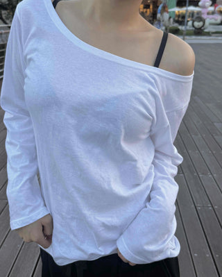 Natural Cotton Plain Off-Sleeve Long Sleeve T-Shirt
