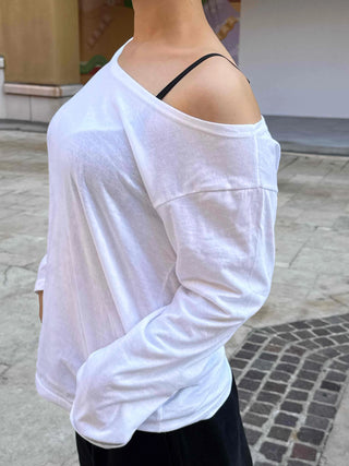 Natural Cotton Plain Off-Sleeve Long Sleeve T-Shirt