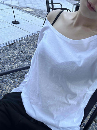 Natural Cotton Plain Off-Sleeve Long Sleeve T-Shirt