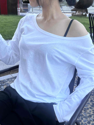Natural Cotton Plain Off-Sleeve Long Sleeve T-Shirt