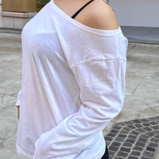 Natural Cotton Plain Off-Sleeve Long Sleeve T-Shirt