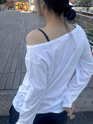 Natural Cotton Plain Off-Sleeve Long Sleeve T-Shirt