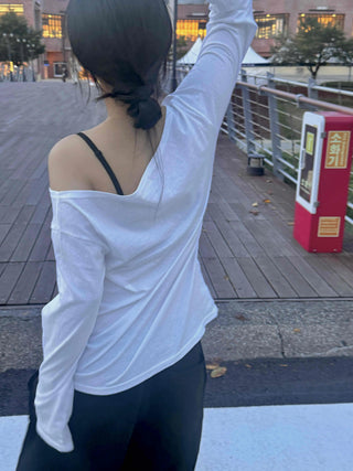Natural Cotton Plain Off-Sleeve Long Sleeve T-Shirt