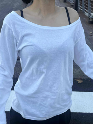 Natural Cotton Plain Off-Sleeve Long Sleeve T-Shirt