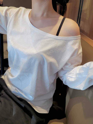 Natural Cotton Plain Off-Sleeve Long Sleeve T-Shirt