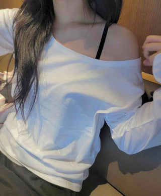 Natural Cotton Plain Off-Sleeve Long Sleeve T-Shirt