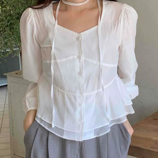 Elegant Heartneck Puff Blouse & Tie