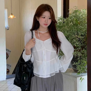 Elegant Heartneck Puff Blouse & Tie