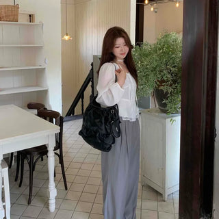 Elegant Heartneck Puff Blouse & Tie
