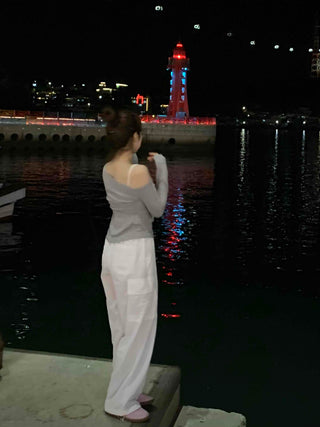 Asymmetrical Neck Tie Off-Shoulder Long Sleeve T-Shirt